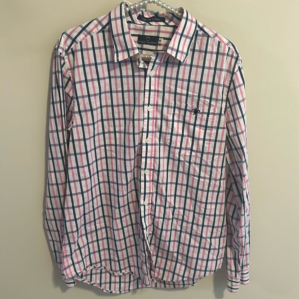 Simply Southern Men Size M Pink Navy Plaid Long Sleeve Button Down Cotton Shirt